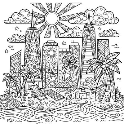 Experience the best of both worlds with this dynamic coloring page featuring elegant tapered skyscrapers alongside a bustling summer beach scene. Dive into a world of intricate details, from sunny skies to playful waves, perfect for an imaginative escape.