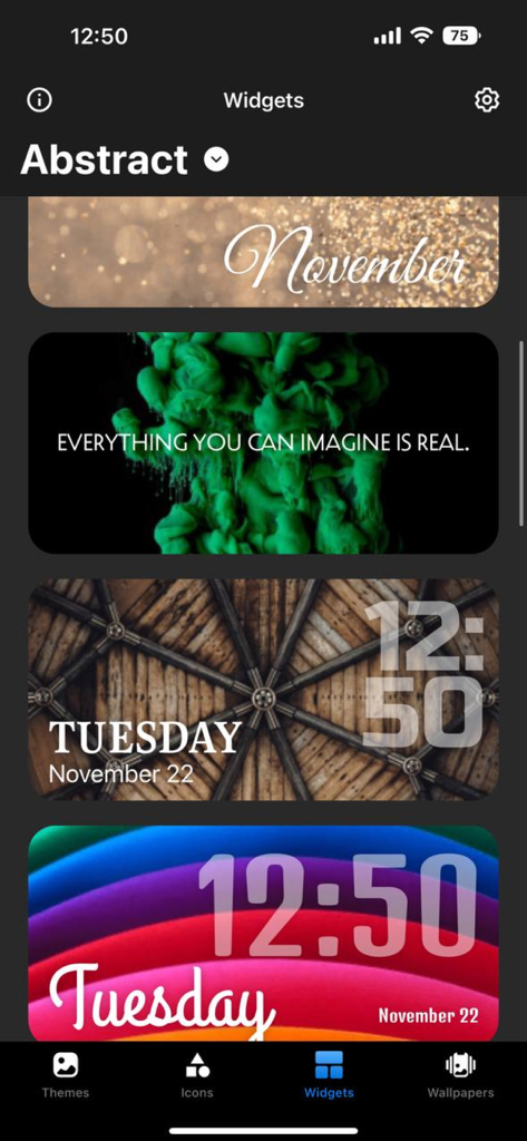 App Themes: Icon Widgets Kit - 모바일 앱 인터페이스로 캘린더 및 동기 부여 문구를 포함한 추상 위젯 컬렉션을 보여줍니다.