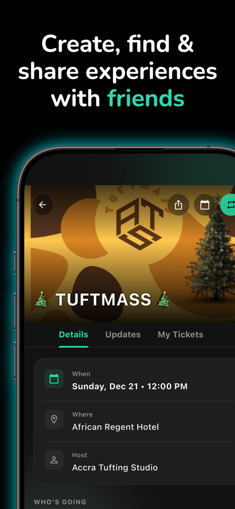 WhatWhenWhere? - Interface of the WhatWhenWhere app showing details for a social event named Tuftmass including date, location, and host.