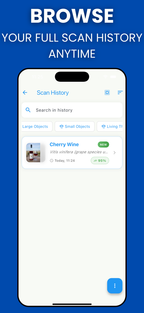 Identify Anything: AI Scan - Scan history screen of the Identify Anything AI Scan app showing a list of identified objects with a search bar and filters