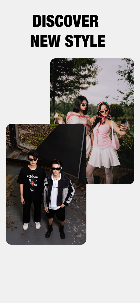 Jóvenes modelando estilos de moda de moda con el texto Descubre Nuevo Estilo