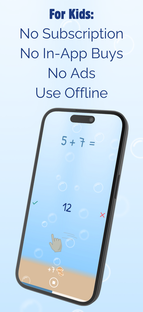 Learn Math For Kids PRO - Captura de pantalla de la aplicación Aprende Matemáticas Para Niños PRO que muestra un problema de suma y resalta características como sin anuncios, sin suscripciones y sin conexión