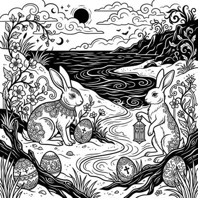 Unveil a dramatically unique Easter on a mysterious gothic beach, featuring ornate bunnies and intricately patterned eggs amidst a melancholic landscape. This captivating coloring page blends traditional charm with dark elegance for an unforgettable artistic escape.