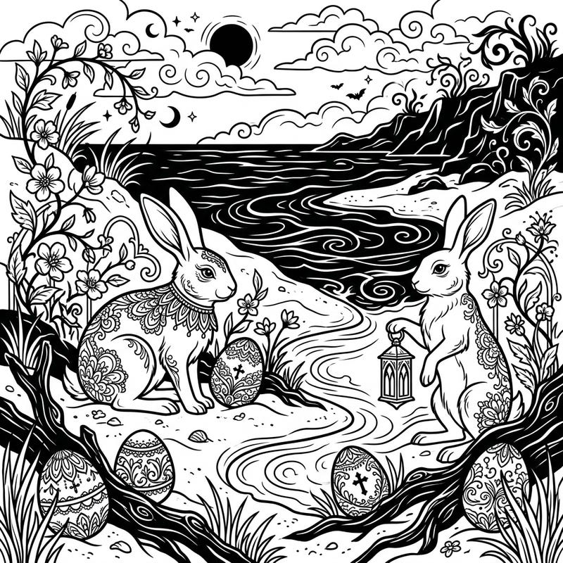 Unveil a dramatically unique Easter on a mysterious gothic beach, featuring ornate bunnies and intricately patterned eggs amidst a melancholic landscape. This captivating coloring page blends traditional charm with dark elegance for an unforgettable artistic escape.