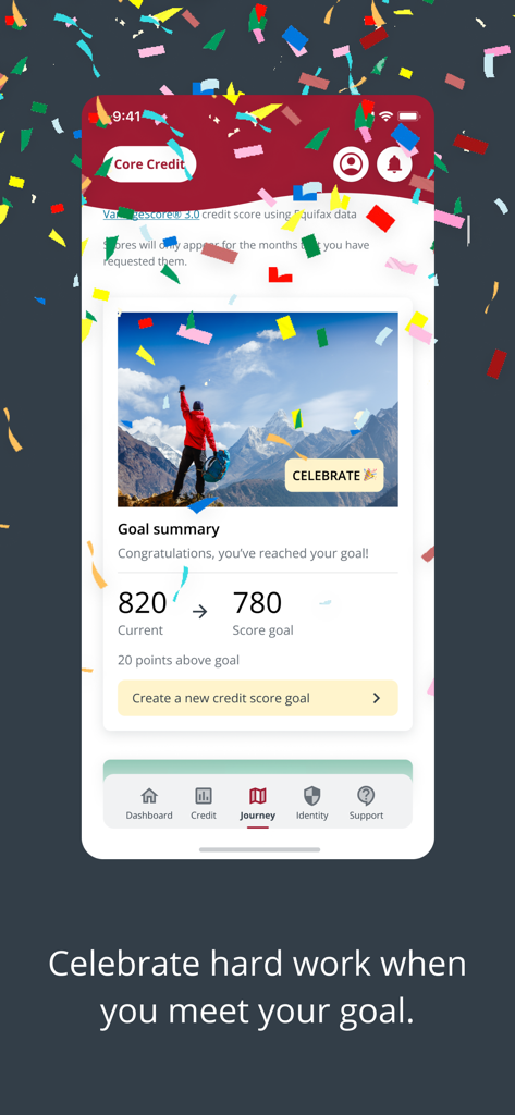 Screenshot of the myEquifax app showing a credit score goal summary celebrating a reached score of 820 with digital confetti.