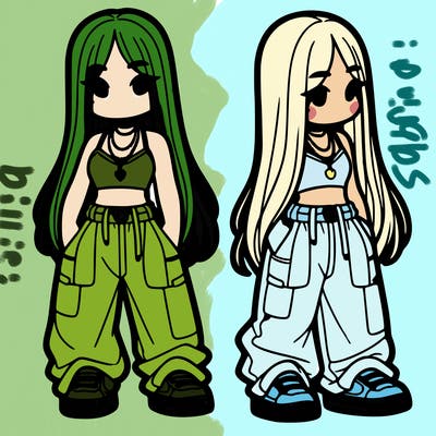 girl in baggy pants crop top and long hair