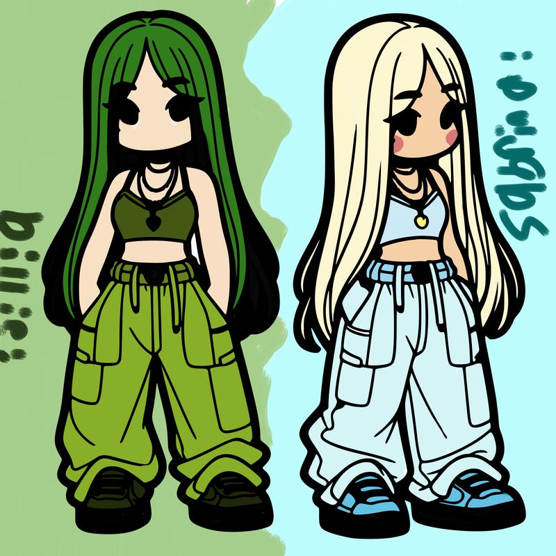 girl in baggy pants crop top and long hair