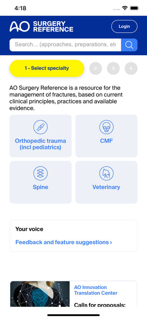AO Surgery Reference app home screen for selecting surgical specialties including orthopedic trauma spine and veterinary
