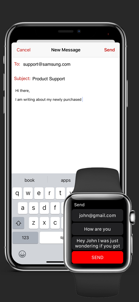 Interface showing email composition on both an iPhone and an Apple Watch using the WristMail for Gmail app.