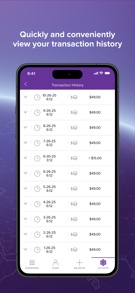 Ultra Mobile app screenshot showing a detailed list of transaction history and monthly payments