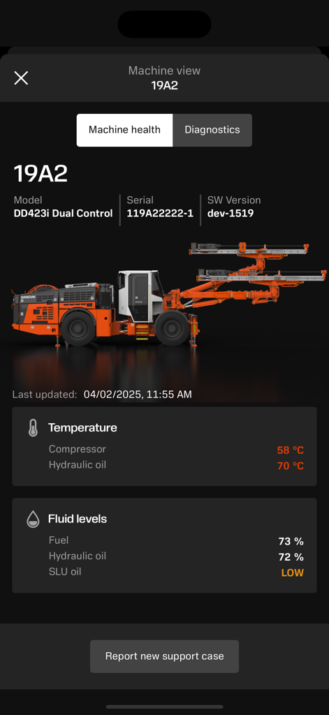 Sandvik DrillConnect - Sandvik DrillConnectアプリインターフェース、DD423i坑内掘削リグのリアルタイム機械ヘルス診断と流体レベルを表示