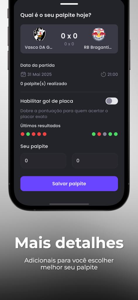 Bolão Entre Amigos - Interface of the Bolao Entre Amigos app showing a soccer match prediction screen for two teams.
