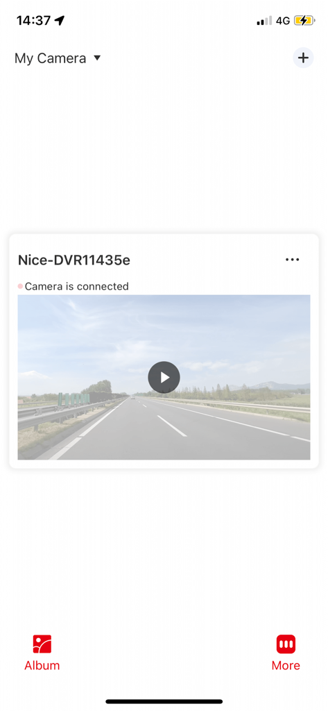 Nice DVR - Nice DVR app interface showing a connected dash cam with a road video preview