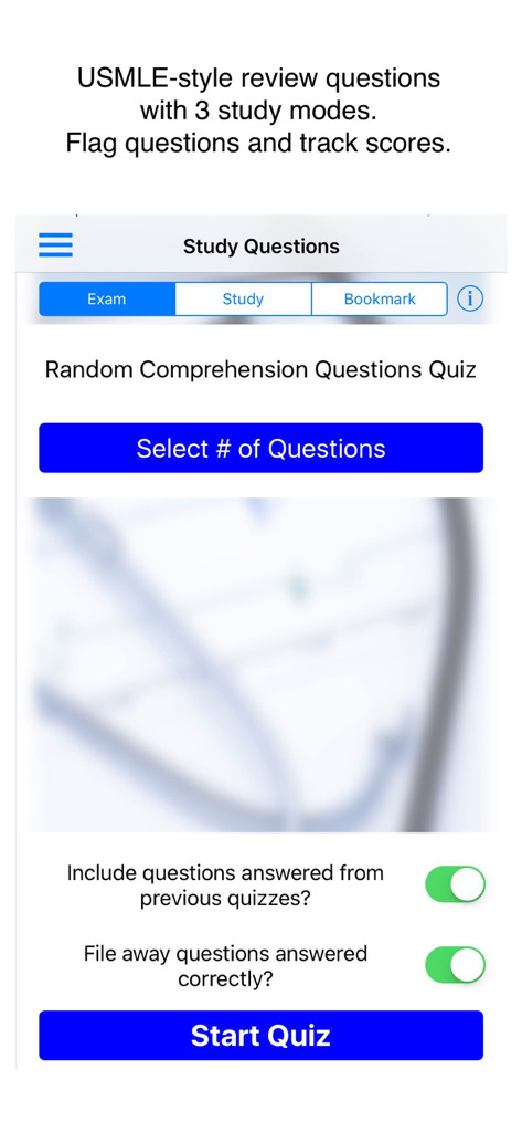 Study questions interface for Case Files Family Medicine app featuring exam and study modes.