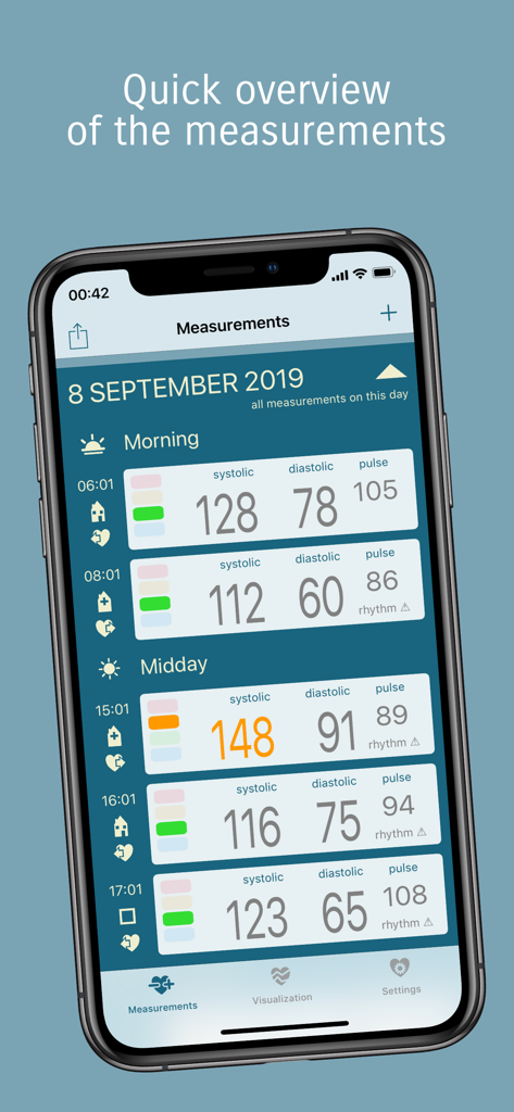 Tension Diary - Una pantalla de smartphone que muestra un registro diario de mediciones de presión arterial que incluyen valores de sístole, diástole y pulso