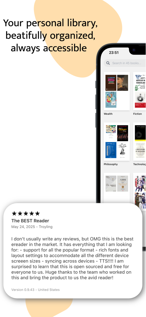 Readest - eBook Reader - Readest eBook Reader interface showing an organized personal library and a five star user review.
