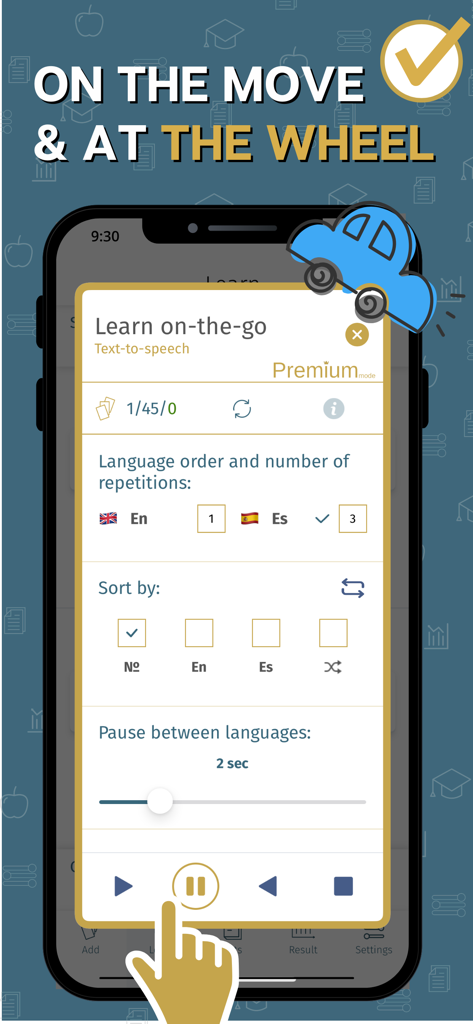 MemoWord app interface showing audio flashcards settings for learning on the go while driving
