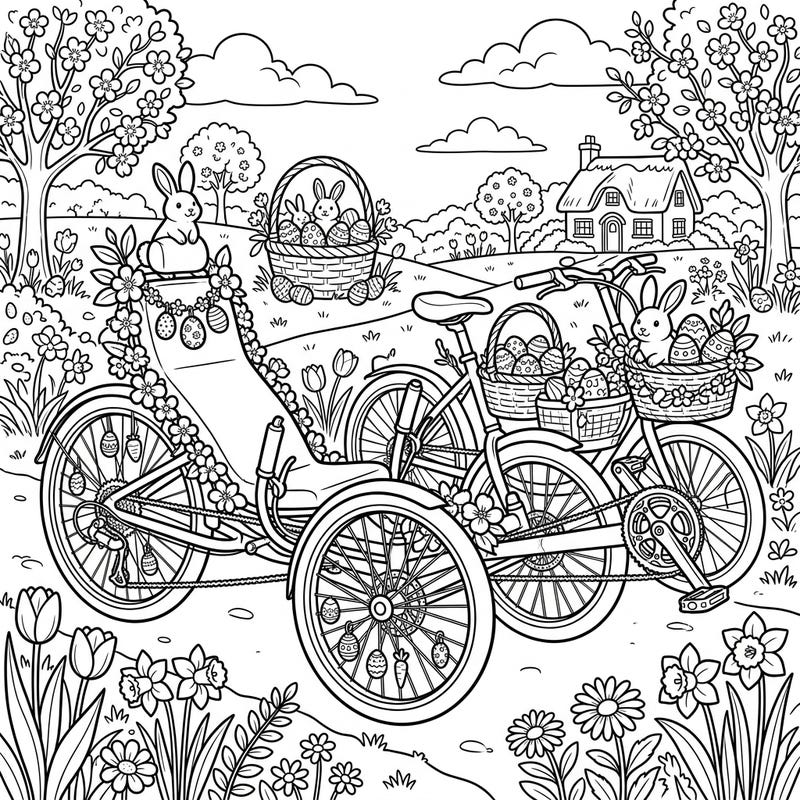Get ready to celebrate Easter with a unique twist! This delightful coloring page features two festive recumbent bikes, adorned with charming spring decorations and playful bunnies, set against a beautiful blooming landscape.