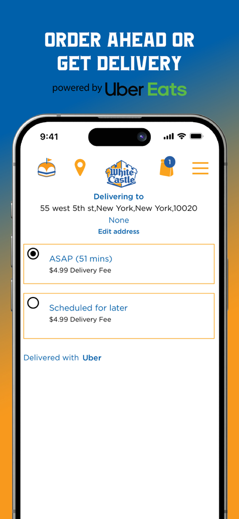 White Castle App-Bildschirm zur Auswahl der Lieferung mit Optionen für sofortige oder geplante Lieferung