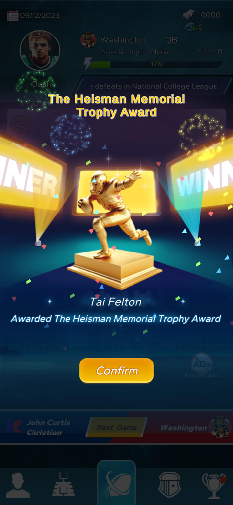 Football GOAT - Uma captura de tela do jogo mostrando o Heisman Memorial Trophy Award com um troféu dourado e fogos de artifício no Football GOAT