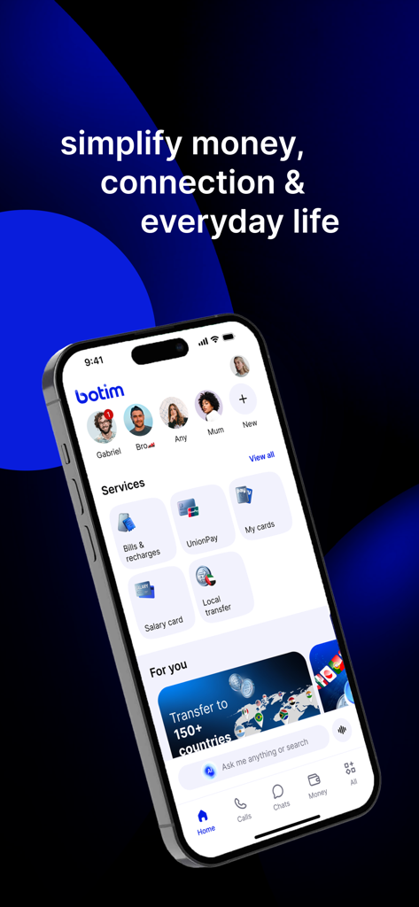 Botim App-Startbildschirm mit Kontakten, Finanzdienstleistungen und Optionen für internationale Geldüberweisungen