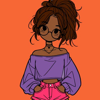 girl with a messy ponytail glasses a baggy crop top and jean shorts