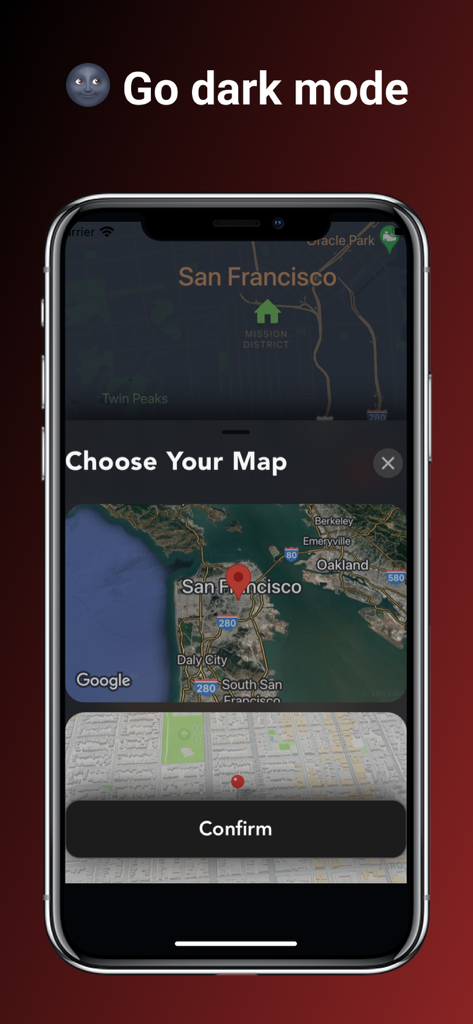A smartphone showing the Abandoned World app interface for choosing a map style in dark mode.