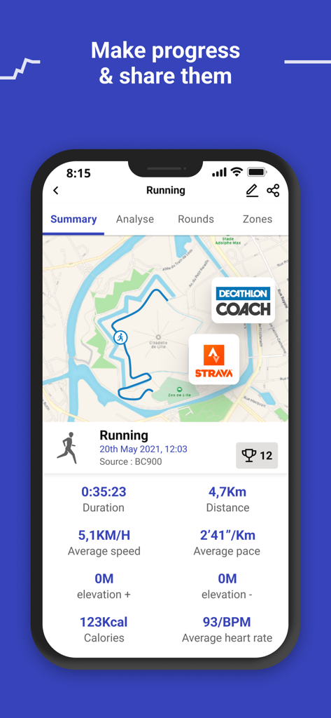 Decathlon Connect - Una captura de pantalla de la aplicación Decathlon Connect que muestra un resumen de una actividad de carrera que incluye un mapa GPS, duración, distancia, velocidad media y datos de frecuencia cardíaca.