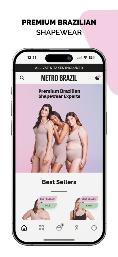 A tela inicial do aplicativo Metro Brazil mostrando modeladores corporais brasileiros premium e os produtos mais vendidos.