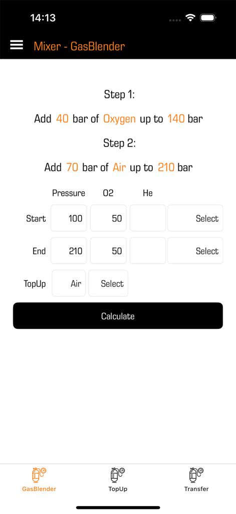 Scuba Gas Calculator - Interface of the Scuba Gas Blender app showing steps to mix oxygen and air