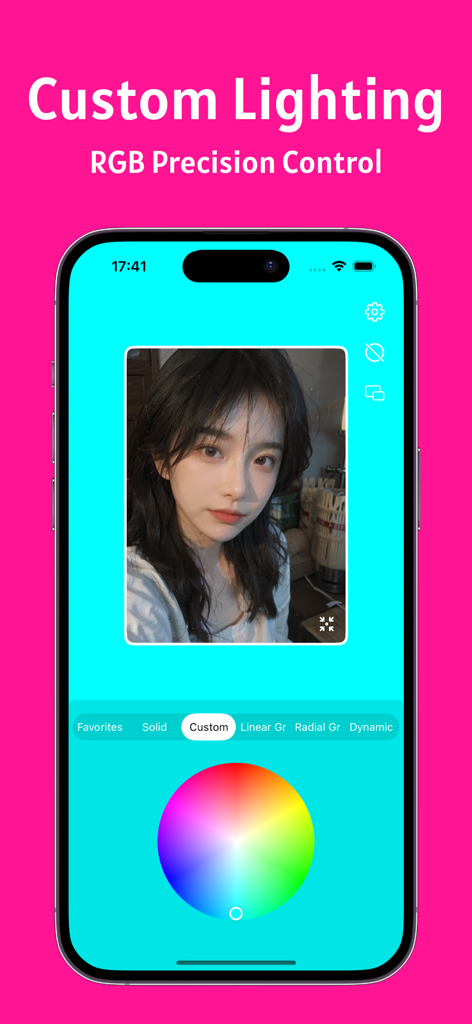 GlowCam app custom lighting interface with RGB color wheel and selfie preview
