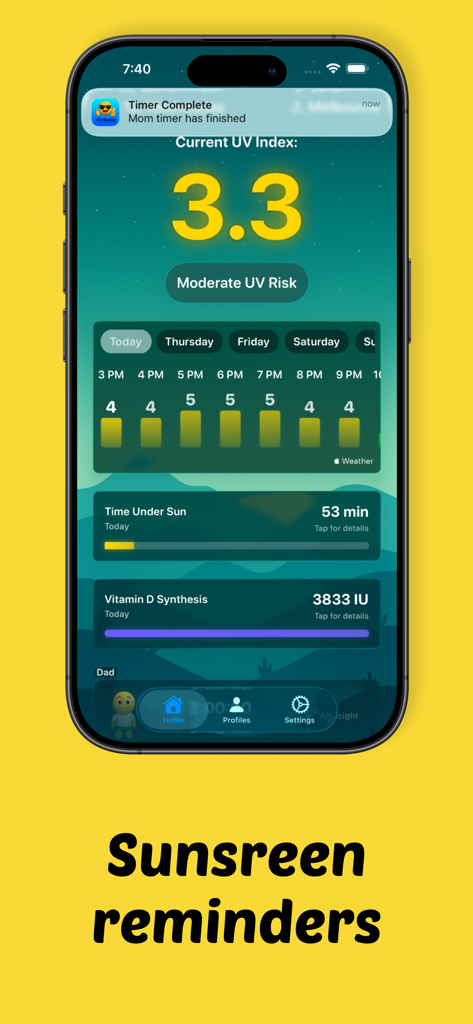 Interface do aplicativo UVBuddy mostrando um índice UV de 3,3 e uma notificação para um timer de protetor solar concluído.
