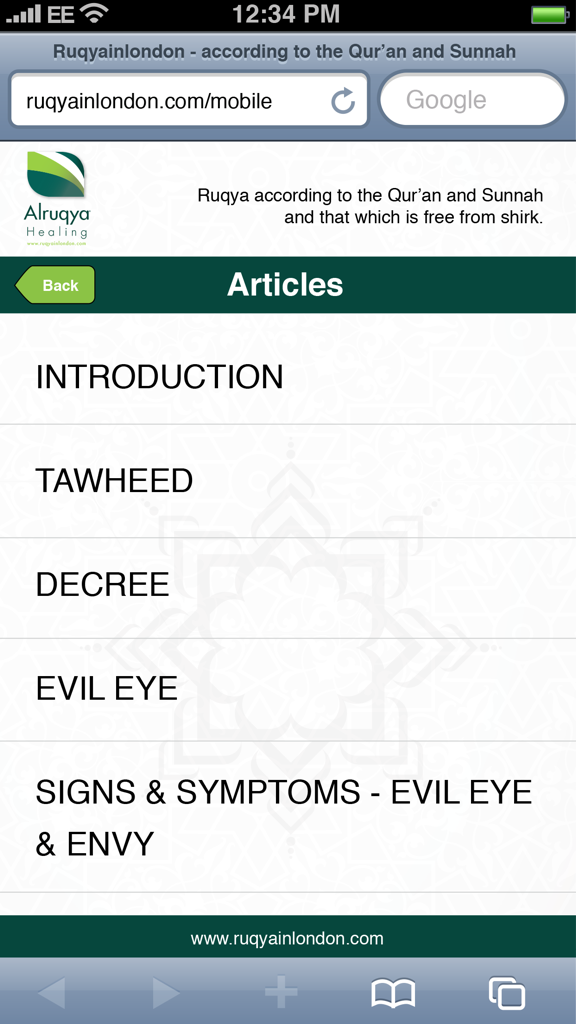 A list of educational articles in the Ruqya Healing Guide app covering topics like Tawheed and the Evil Eye