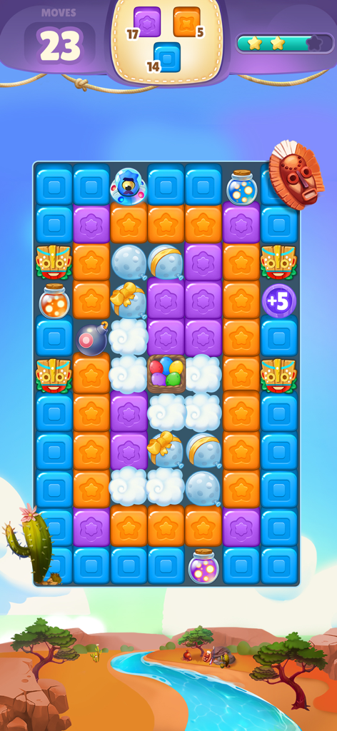 Cube Rush Adventure - Um tabuleiro de quebra-cabeça colorido de toque para estourar no Cube Rush Adventure mostrando cubos coloridos e power-ups.