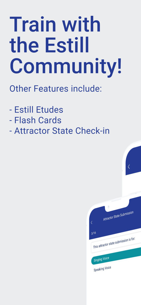 Estill Exercises - Screenshot of Estill Exercises app showing community training features including Estill Etudes, Flash Cards, and Attractor State Check-in.