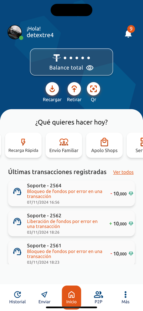 Apolo Pay - Pantalla de inicio de la aplicación móvil Apolo Pay que muestra el saldo de la cuenta y las transacciones recientes en español.