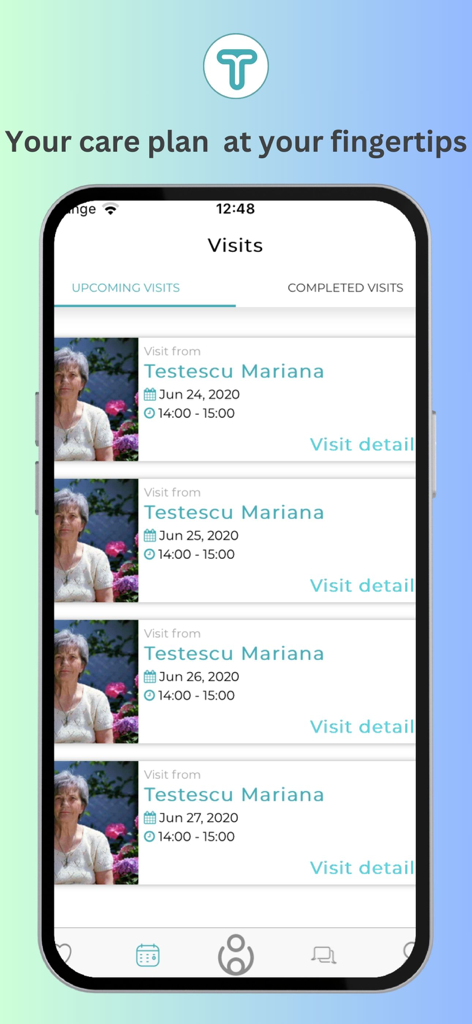Tenderly Clients - iPhone screen showing the Tenderly Clients app with a list of upcoming home care visits including carer name, date, and time.