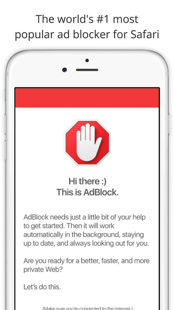 Schermata di benvenuto di AdBlock per Mobile su iPhone con il suo logo e il testo introduttivo per il blocco degli annunci su Safari