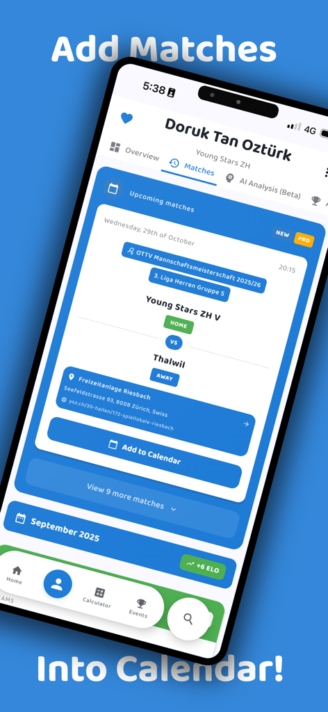 Table tennis app screenshot showing upcoming matches with an option to add to calendar