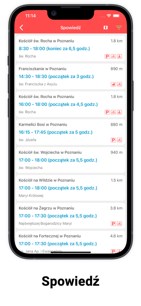 Drogowskaz - Screenshot of the Drogowskaz app displaying a list of confession times at several churches in Poznan with distance and facility icons
