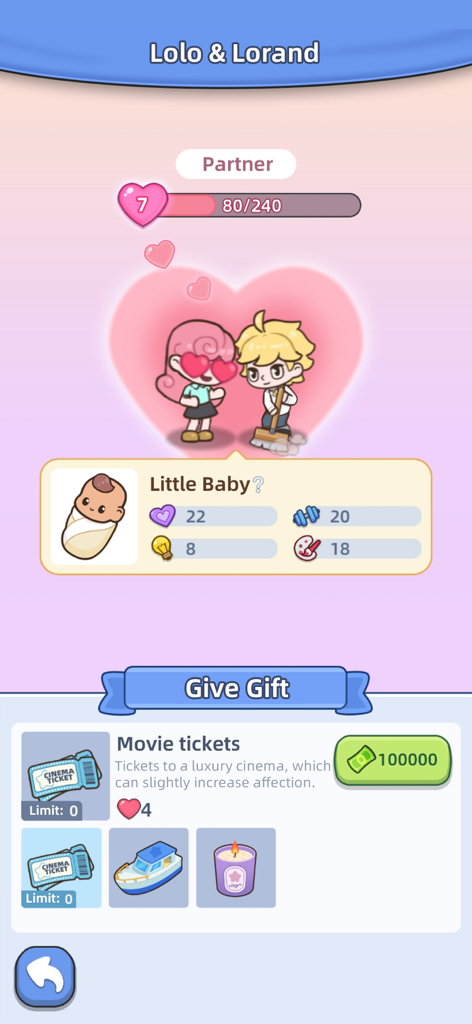 Relationship and baby status interface in Happy Citizens Mayor Sim