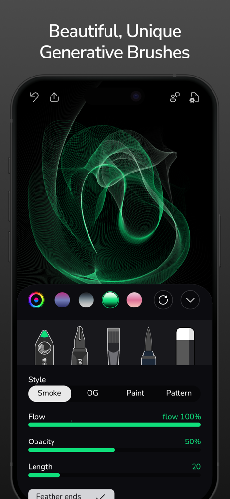 Flowpaper app interface showing a green fluid drawing created with generative brushes and customization tools