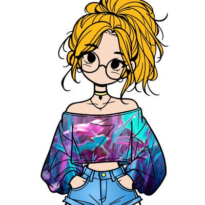 girl with a messy ponytail glasses a baggy crop top and jean shorts