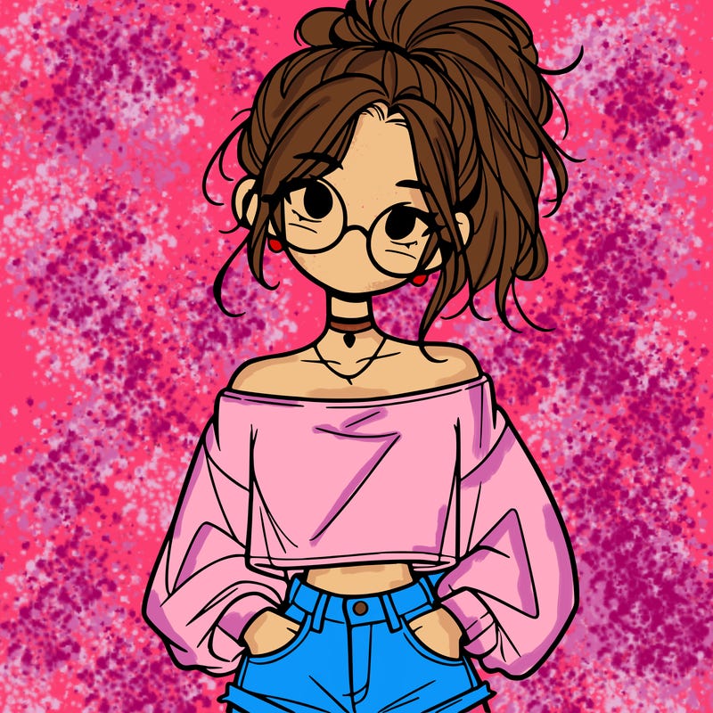 girl with a messy ponytail glasses a baggy crop top and jean shorts