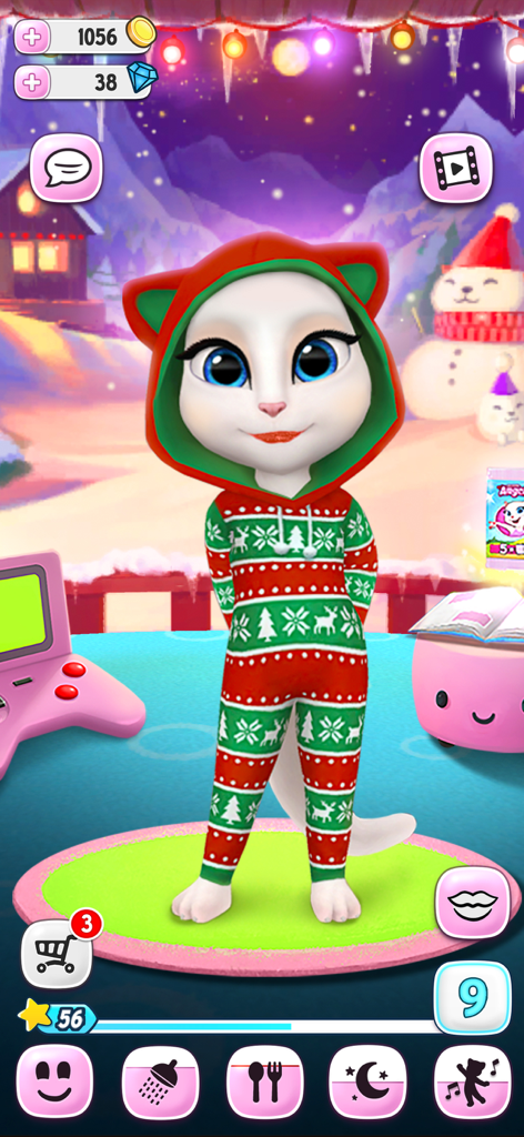 Angela wearing a festive Christmas jumpsuit in a winter wonderland