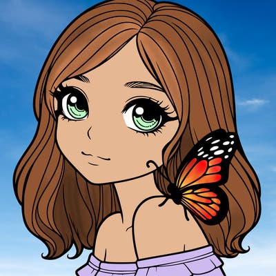 realistic girl with butterfly on shoulder