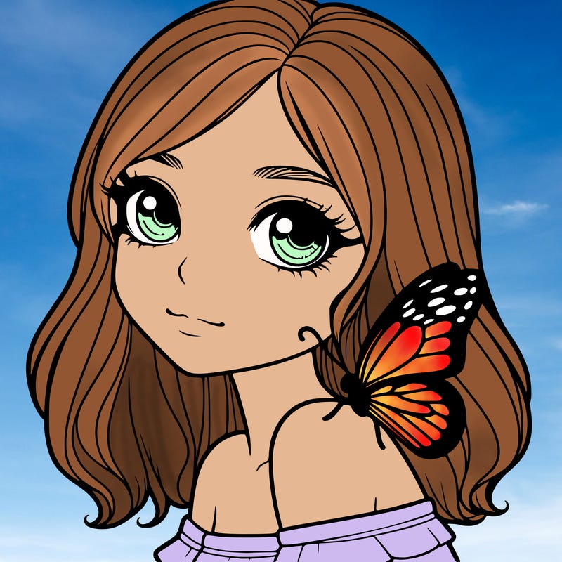 realistic girl with butterfly on shoulder