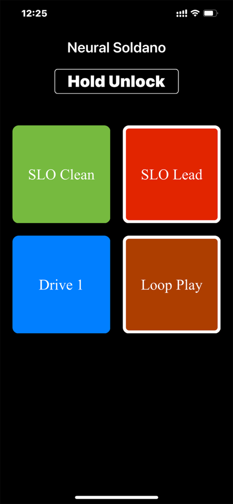 MC Pad - Bluetooth MIDI - MC Pad app interface featuring color-coded MIDI command buttons for Neural Soldano presets and a screen lock button