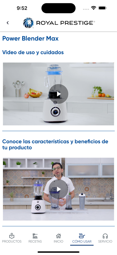 Royal Prestige app interface showing instructional videos for the Power Blender Max appliance