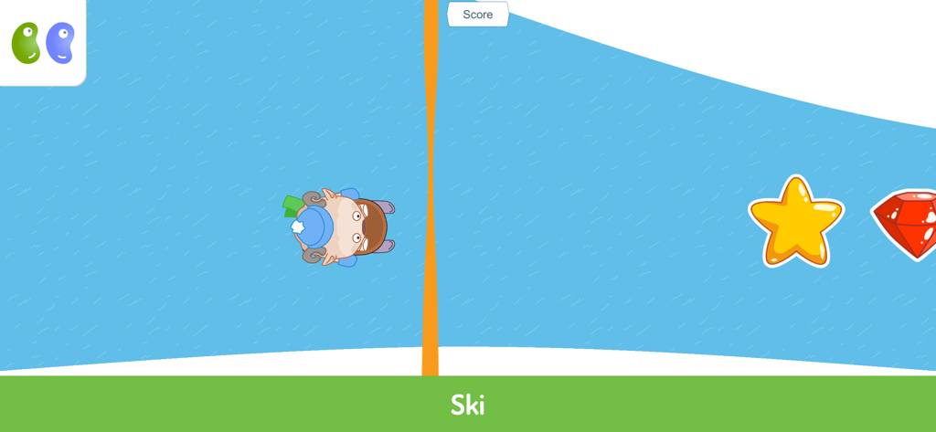 B&B Winter Sports Games - Um personagem esquiando em uma pista azul em direção a uma estrela e um diamante em um jogo infantil